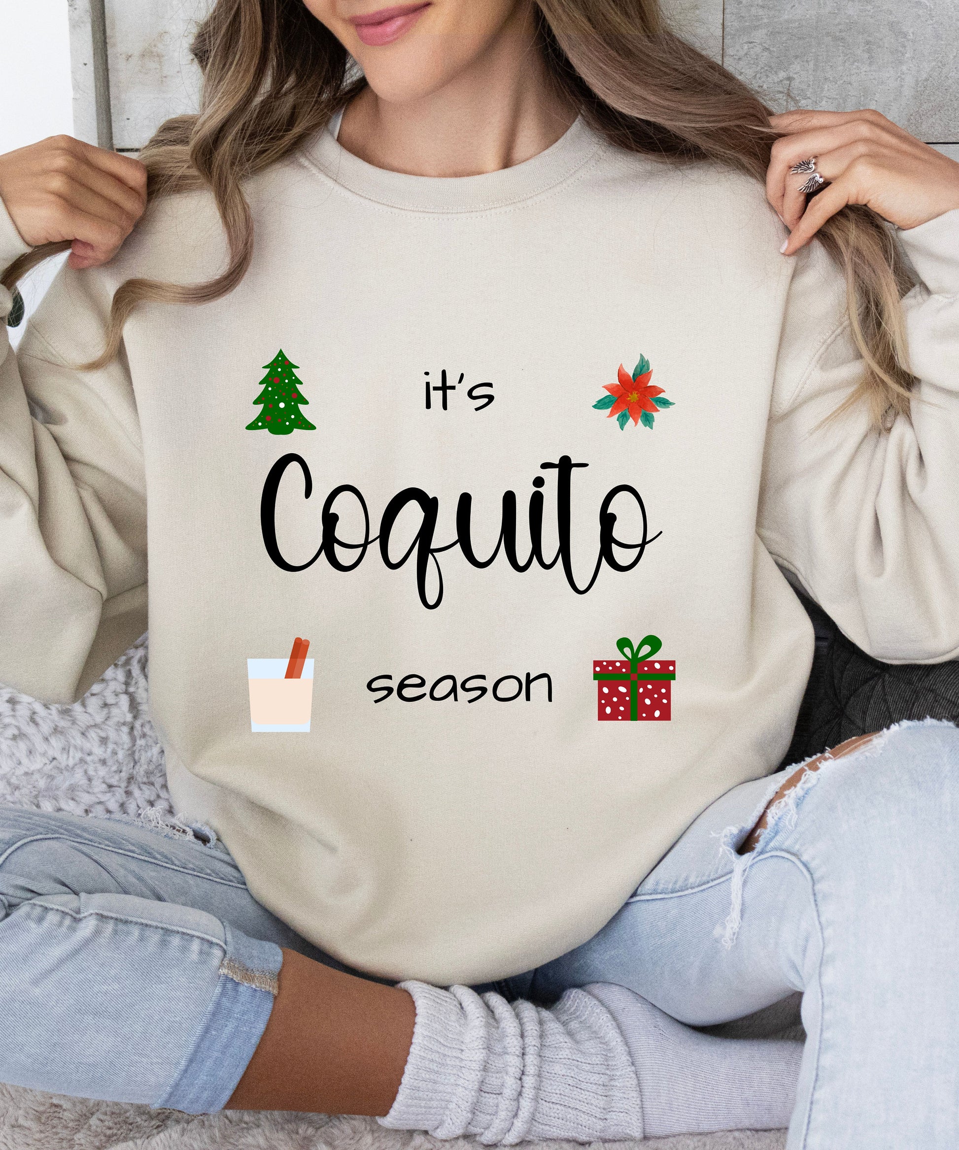 Coquito Sweatshirt, Christmas sweatshirt, Coquito, it's coquito season, Christmas, Navidades, cozy season, cozy weather